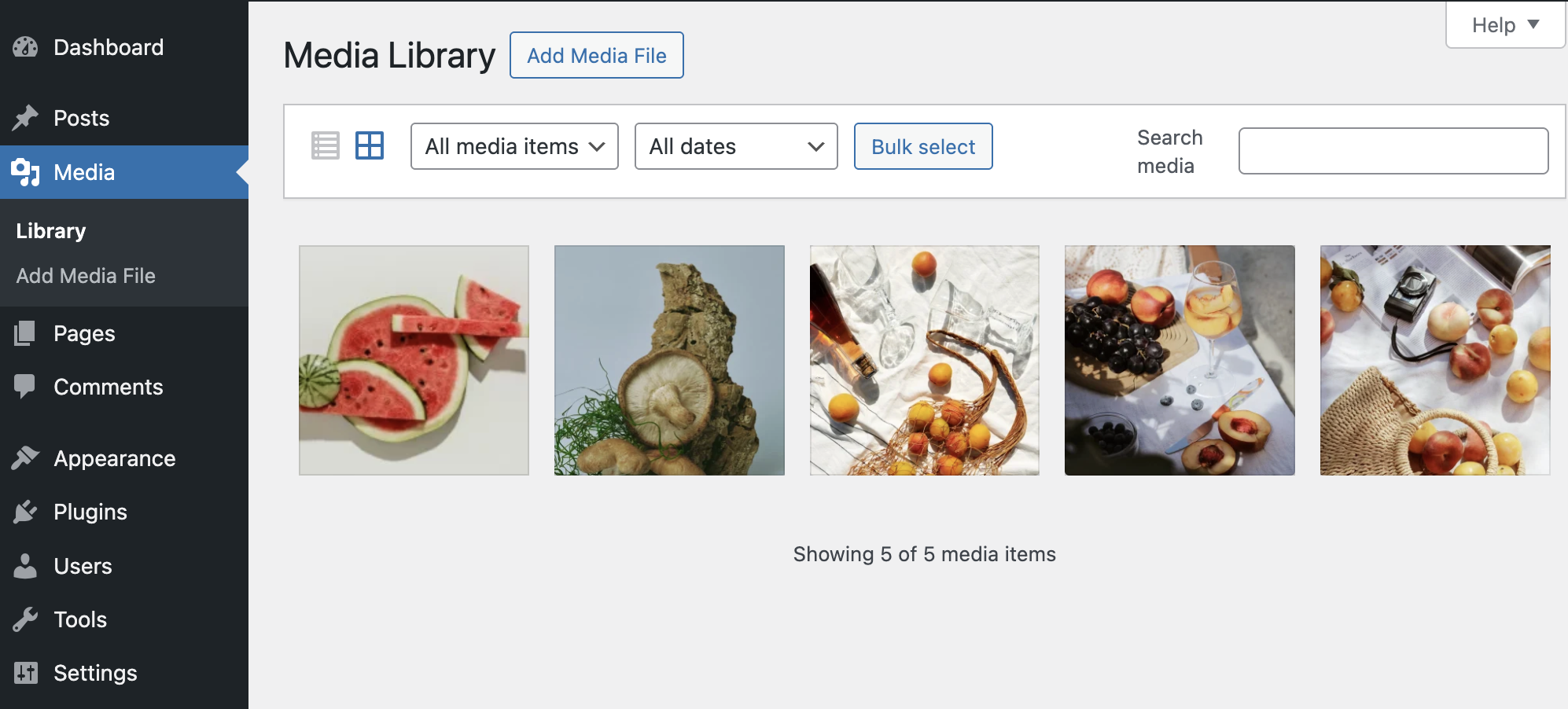 WordPress Media Library with newly uploaded files